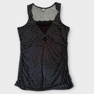 Vintage Y2K Vanity Black White Polka Dot Ruched Lace Fitted Tank Top Size L